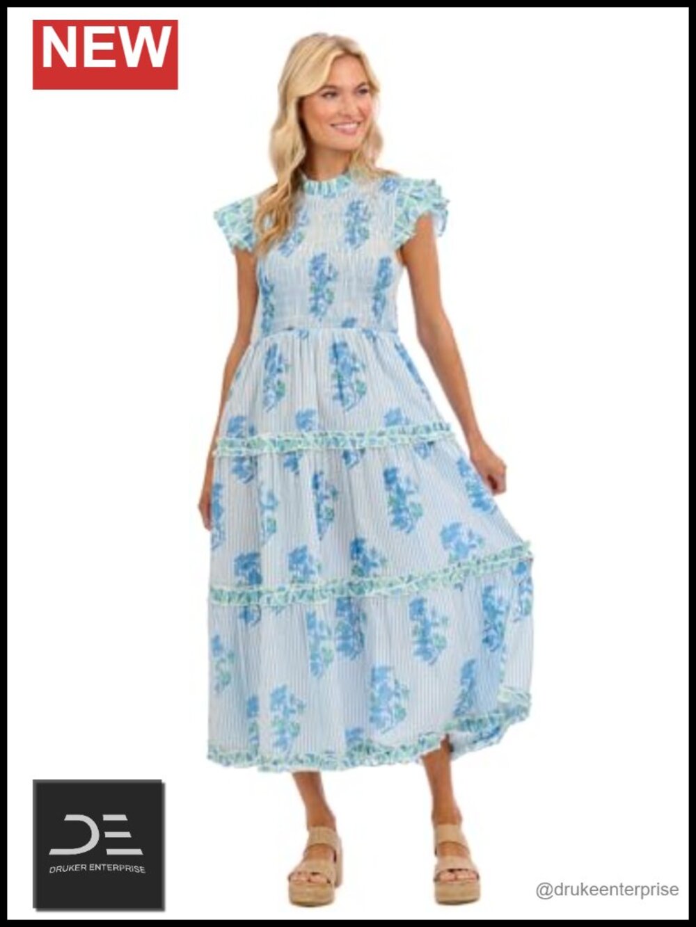 Perin Smocked Midi Dress 100% Cotton Flutter Sleeve Ruffle Detail